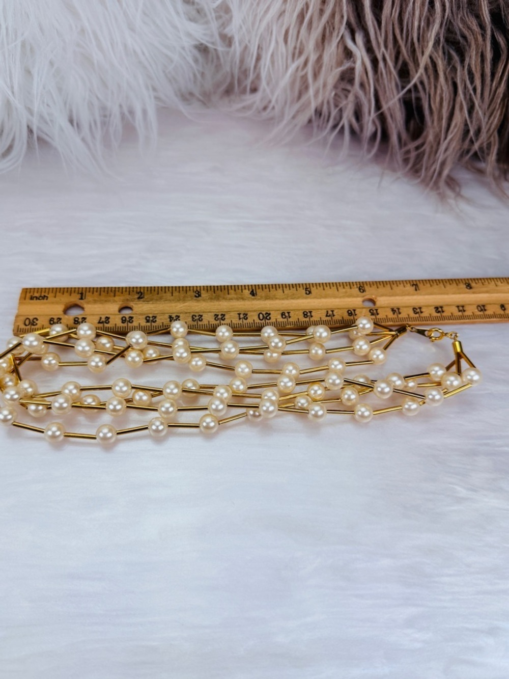 Elegant Cream Bead Gold Tone Triple Strand Statement Necklace - Picture 11 of 12